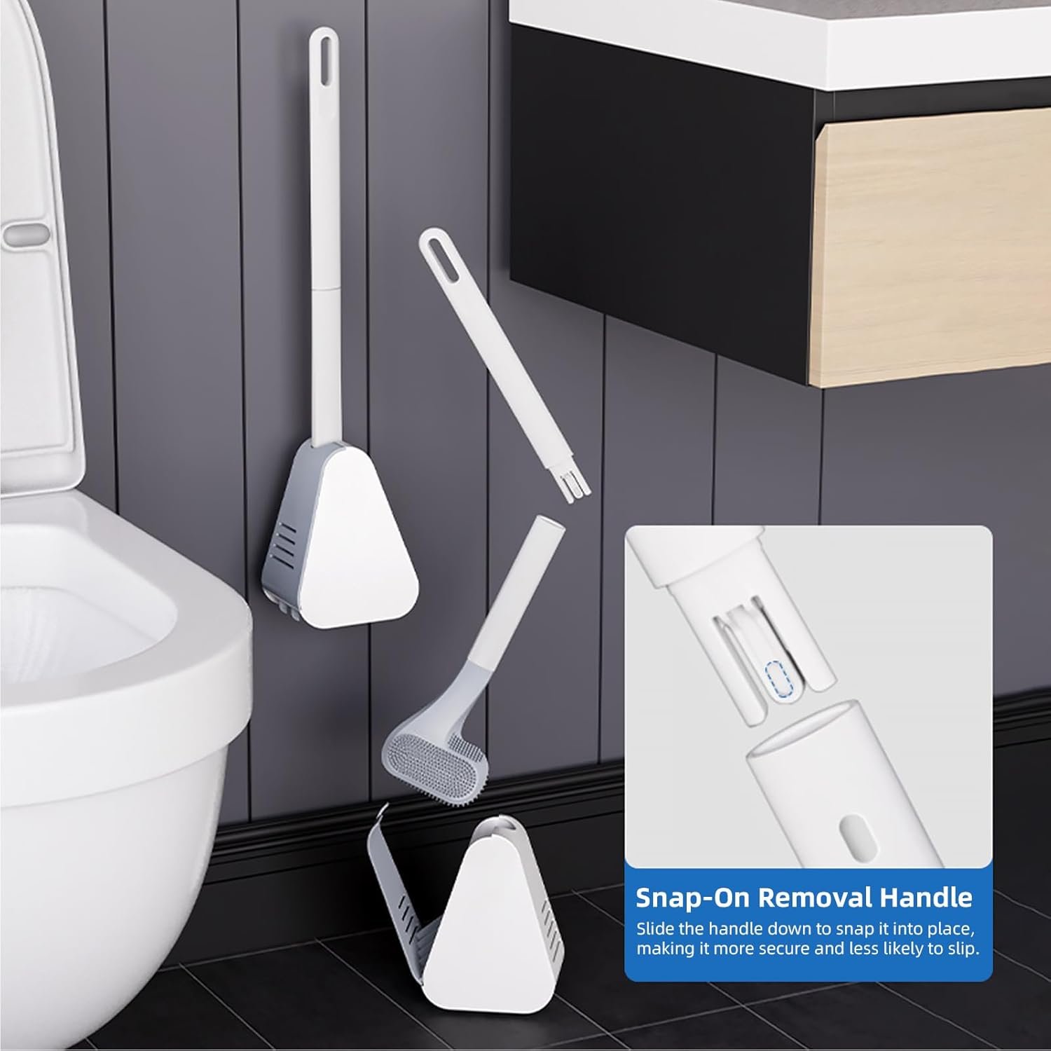 Toilet Brush and Holder Set Silicone, Flexible Toilet Brush for Deep Cleaning of Dead Corners, Snap-on Detachable Long Toilet Brush, Wall-Mounted Toilet Bowl Brush Set (Black) - V1258-DP02-B-3649 Toilet Brush and Holder Set Silicone, Flexible Toilet Brush for Deep Cleaning of Dead Corners, Snap-on Detachable Long Toilet Brush, Wall-Mounted Toilet Bowl Brush Set (Black) - Image 2