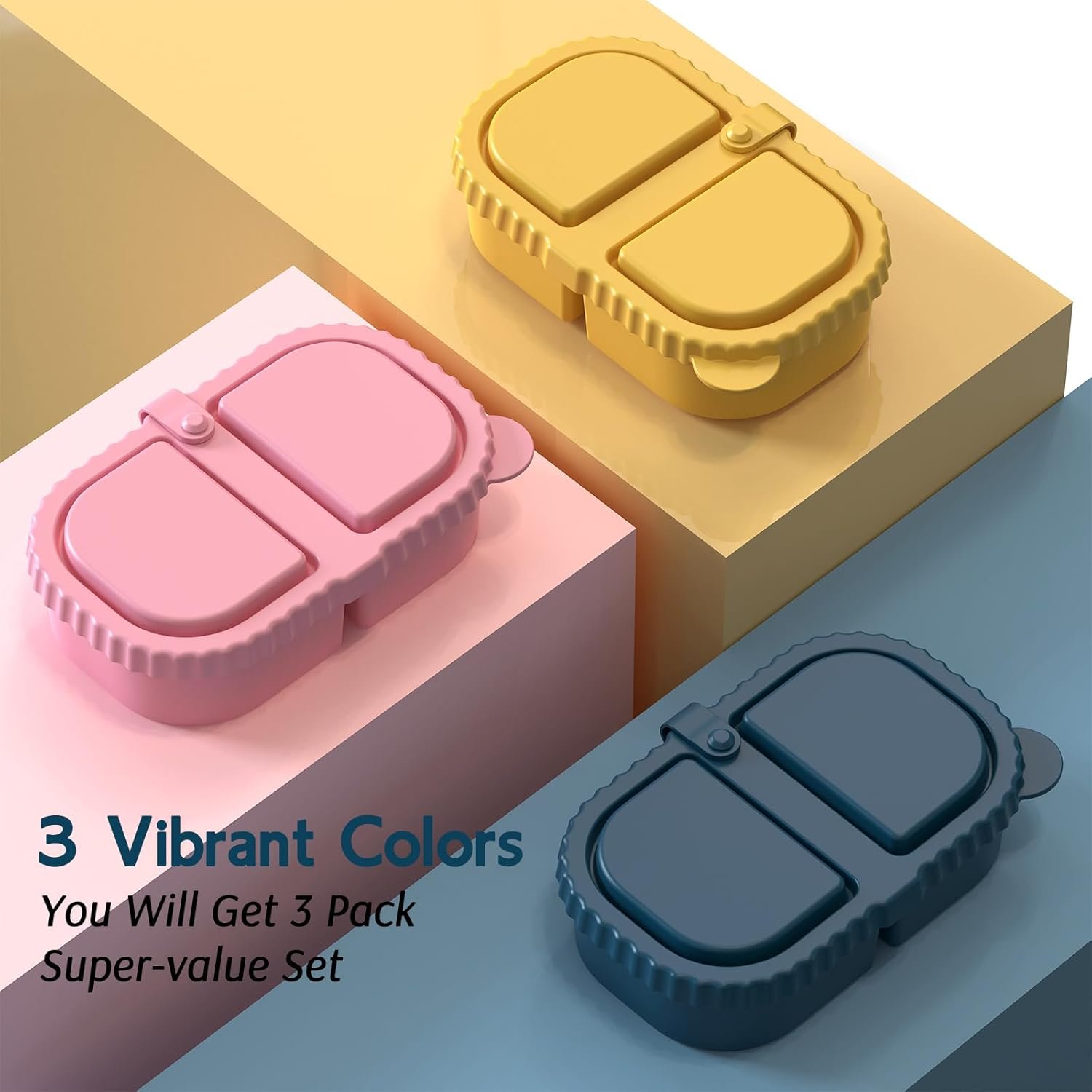 3 Pack Silicone Lunch Boxes Reusable with Lids Mini Double Compartment Portable Food Storage Containers for Picnic School Office - V1258-DP02-BOL-368 3 Pack Silicone Lunch Boxes Reusable with Lids Mini Double Compartment Portable Food Storage Containers for Picnic School Office - Image 2
