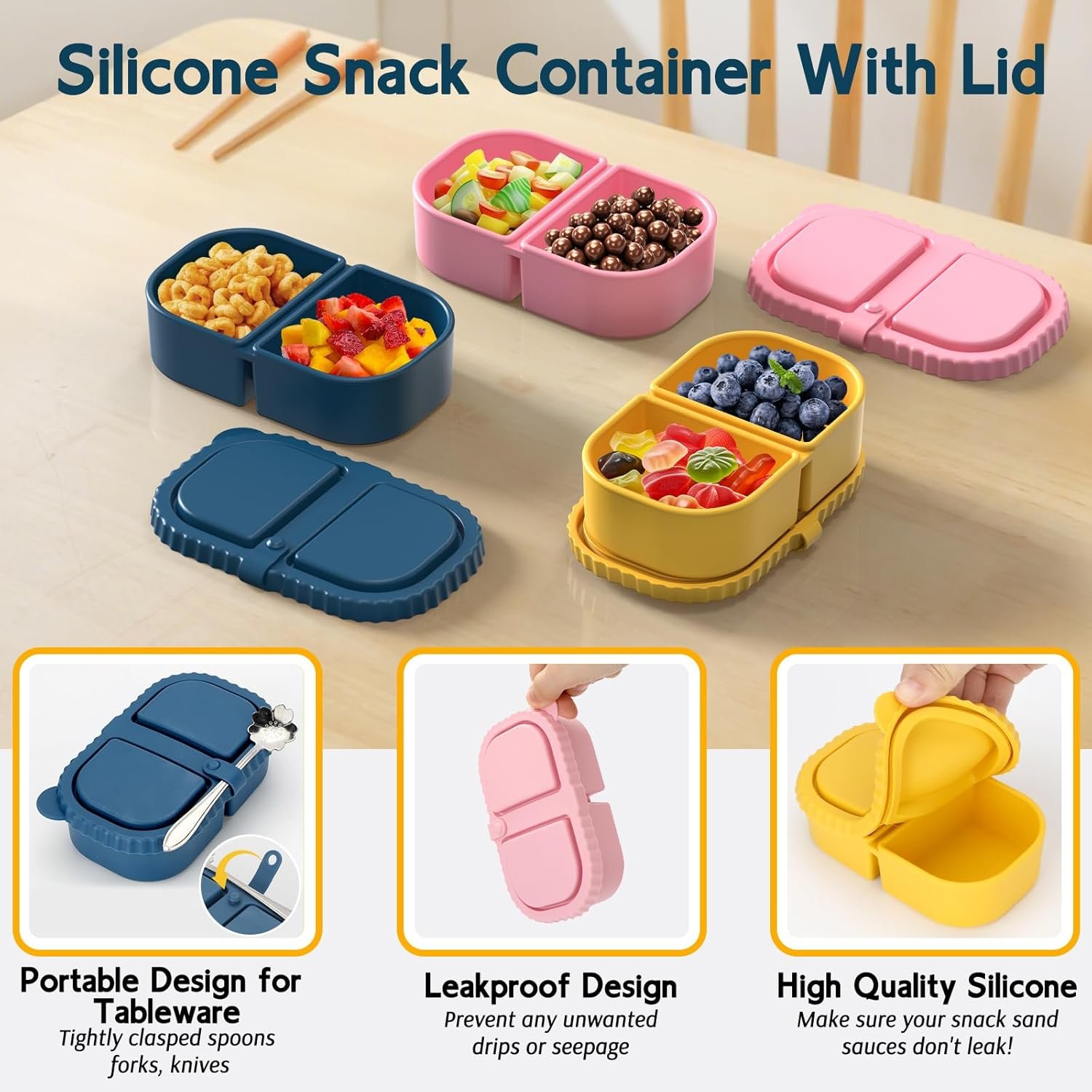 3 Pack Silicone Lunch Boxes Reusable with Lids Mini Double Compartment Portable Food Storage Containers for Picnic School Office - V1258-DP02-BOL-368 3 Pack Silicone Lunch Boxes Reusable with Lids Mini Double Compartment Portable Food Storage Containers for Picnic School Office - Image 4
