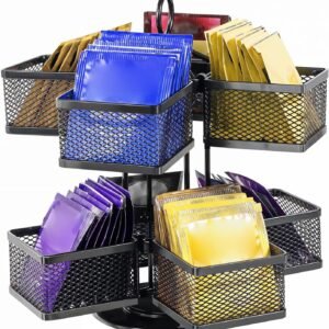 Rotating Tea Bag Organizer for 96 Sachets - Black Metal Revolving Tea Storage Holder - Luxury Kitchen & Office Gift