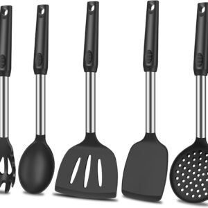 5Pcs Silicone Spatula Heat Resistant Long Large Spatulas Set for Nonstick Cookware, Rubber Pancake Fish Turner Spatula for Kitchen Use Silicone Cooking Kitchen Utensils Set Black