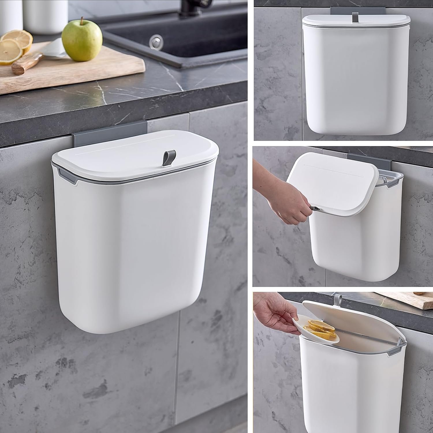 Compost Bin, 2.5 Gallon Hanging Trash Can with Lid, Kitchen Cabinet Door Under Sink Plastic Garbage Can Wall Mounted Slide Open, White - V1258-DP02-C-1264 Compost Bin, 2.5 Gallon Hanging Trash Can with Lid, Kitchen Cabinet Door Under Sink Plastic Garbage Can Wall Mounted Slide Open, White - Image 2