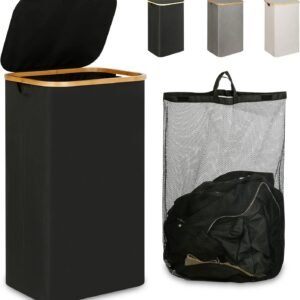 Laundry Hamper with Lid - Waterproof Freestanding Laundry Basket with Removable Liner Bag, Collapsible 110L Large Clothes Storage Laundry Bin with Easy Carry Bamboo Handle for Clothes Toys Organizer