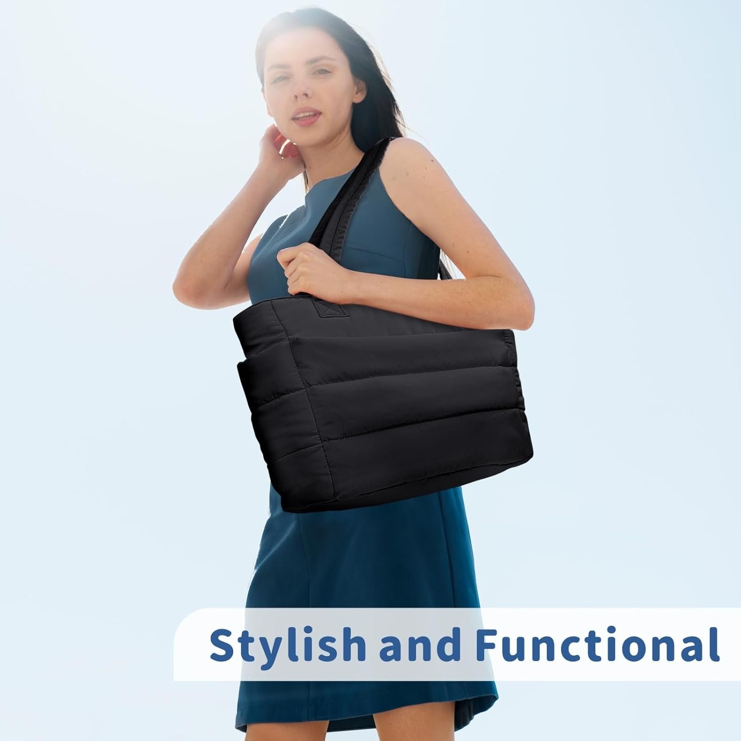 Puffer Tote Bag for Women, Lightweight Puffy Handbag with Compartments, Quilted Shoulder Bag for Work, Travel, Gym - V1258-DP02-C-1317 Puffer Tote Bag for Women, Lightweight Puffy Handbag with Compartments, Quilted Shoulder Bag for Work, Travel, Gym - Image 3