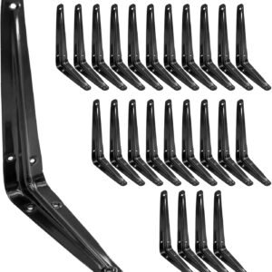 24 Pack Shelf Brackets 8 x 6 Inch, Heavy Duty Black Metal Floating Shelf Bracket, L Bracket Corner Brace Support J Bracket, Decorative Joint Angle Bracket for Hanging