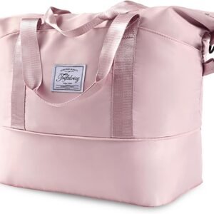 Travel Duffel Bag - Large Shoulder Weekender Overnight Bag, Carry on Bags with Wet Pocket, Waterproof Expandable Duffel Bags with Trolley Sleeve for Sports Travel Gym, Pink