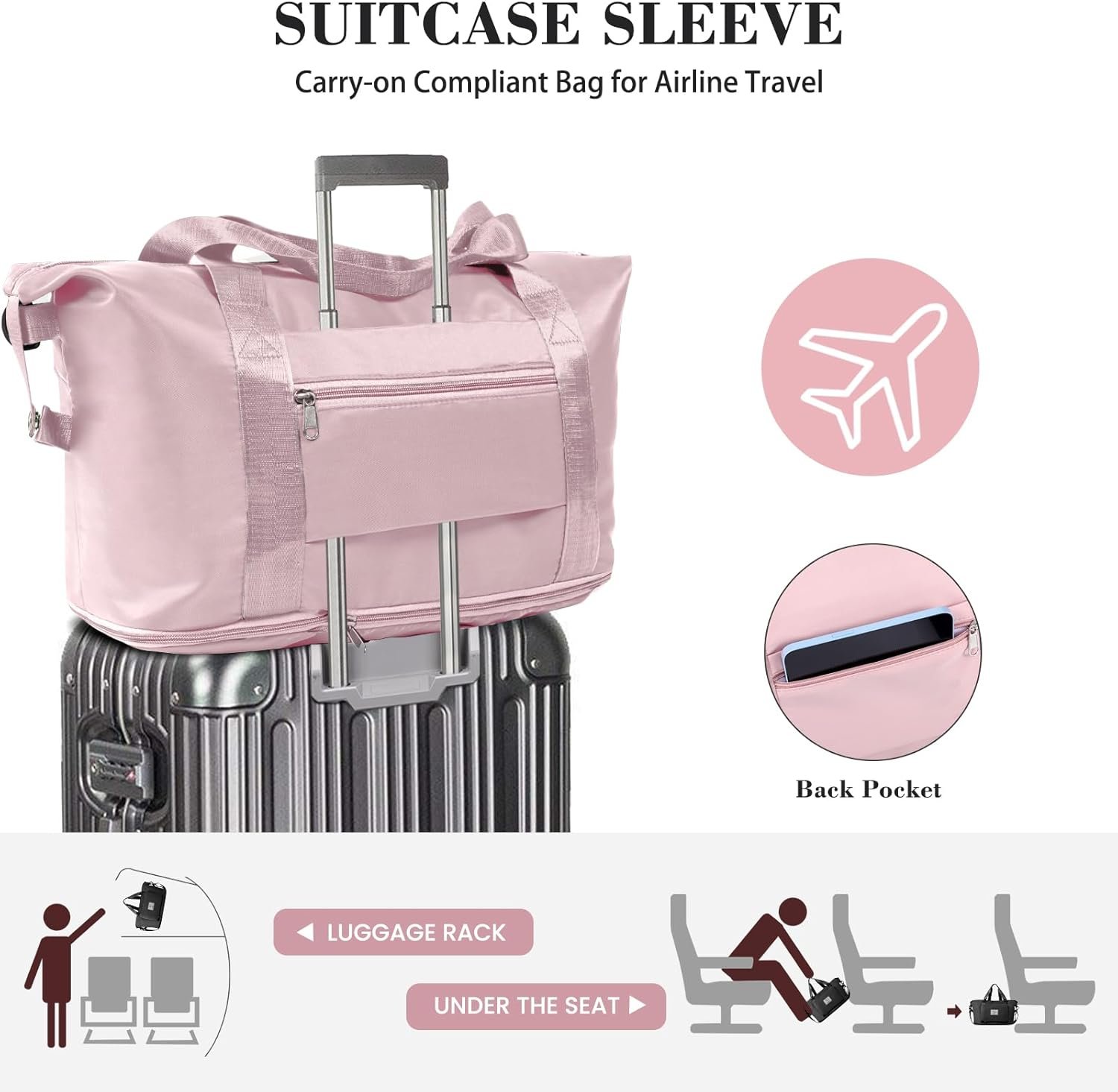 Travel Duffel Bag - Large Shoulder Weekender Overnight Bag, Carry on Bags with Wet Pocket, Waterproof Expandable Duffel Bags with Trolley Sleeve for Sports Travel Gym, Pink - V1258-DP02-C-446 Travel Duffel Bag - Large Shoulder Weekender Overnight Bag, Carry on Bags with Wet Pocket, Waterproof Expandable Duffel Bags with Trolley Sleeve for Sports Travel Gym, Pink - Image 4