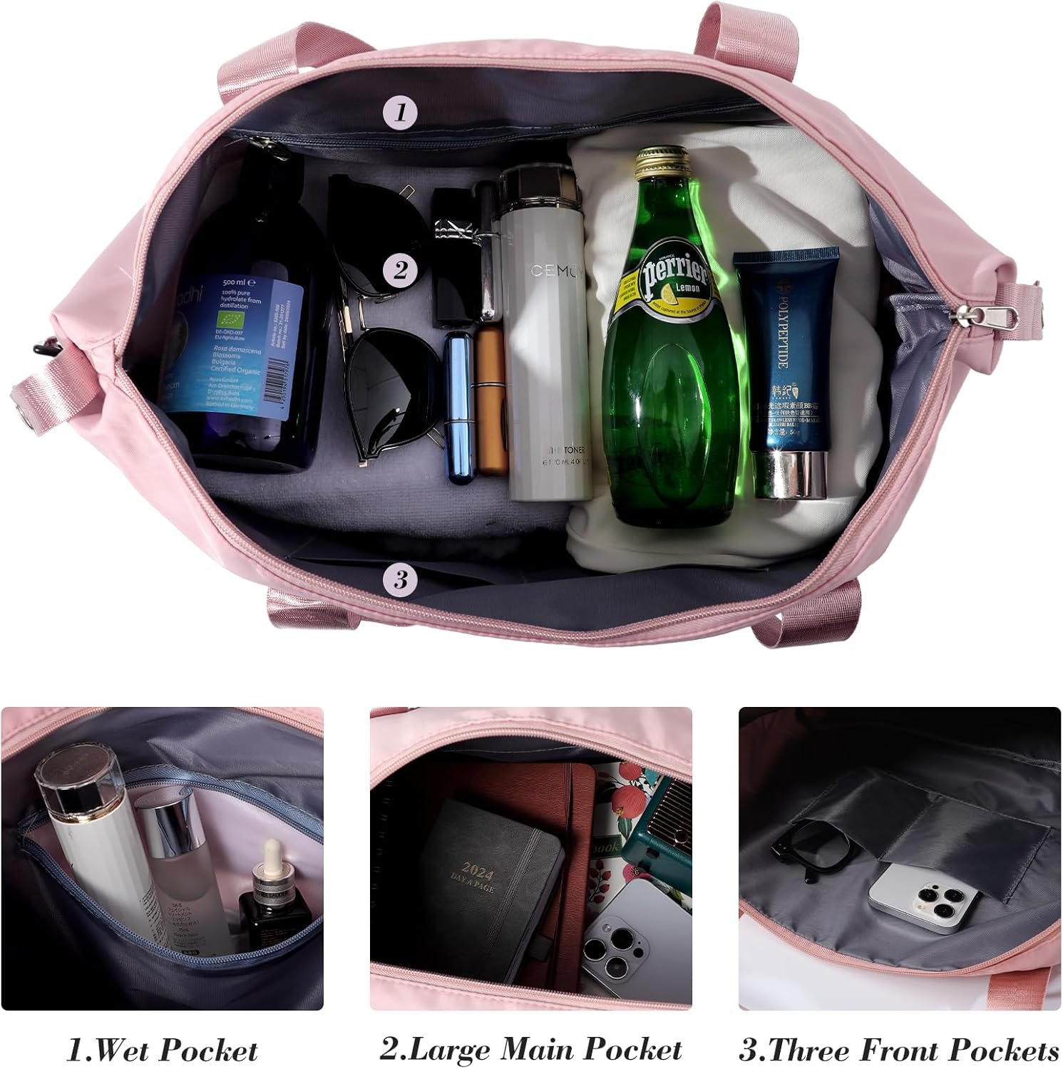 Travel Duffel Bag - Large Shoulder Weekender Overnight Bag, Carry on Bags with Wet Pocket, Waterproof Expandable Duffel Bags with Trolley Sleeve for Sports Travel Gym, Pink - V1258-DP02-C-446 Travel Duffel Bag - Large Shoulder Weekender Overnight Bag, Carry on Bags with Wet Pocket, Waterproof Expandable Duffel Bags with Trolley Sleeve for Sports Travel Gym, Pink - Image 5