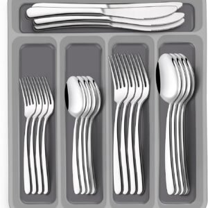 40-Piece Silverware Set with Organizer, Heavy Duty Stainless Steel Flatware Set for 8, Food-Grade Tableware Cutlery Set, Utensil Sets for Home Restaurant, Mirror Finish, Dishwasher Safe
