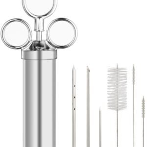 Meat Injector Syringe, 2oz Turkey Injector Seasoning, 304-Stainless Steel Seasoning Injector with 3 Marinade Needles and 3 Cleaning Brushes for Smoked BBQ Grilling