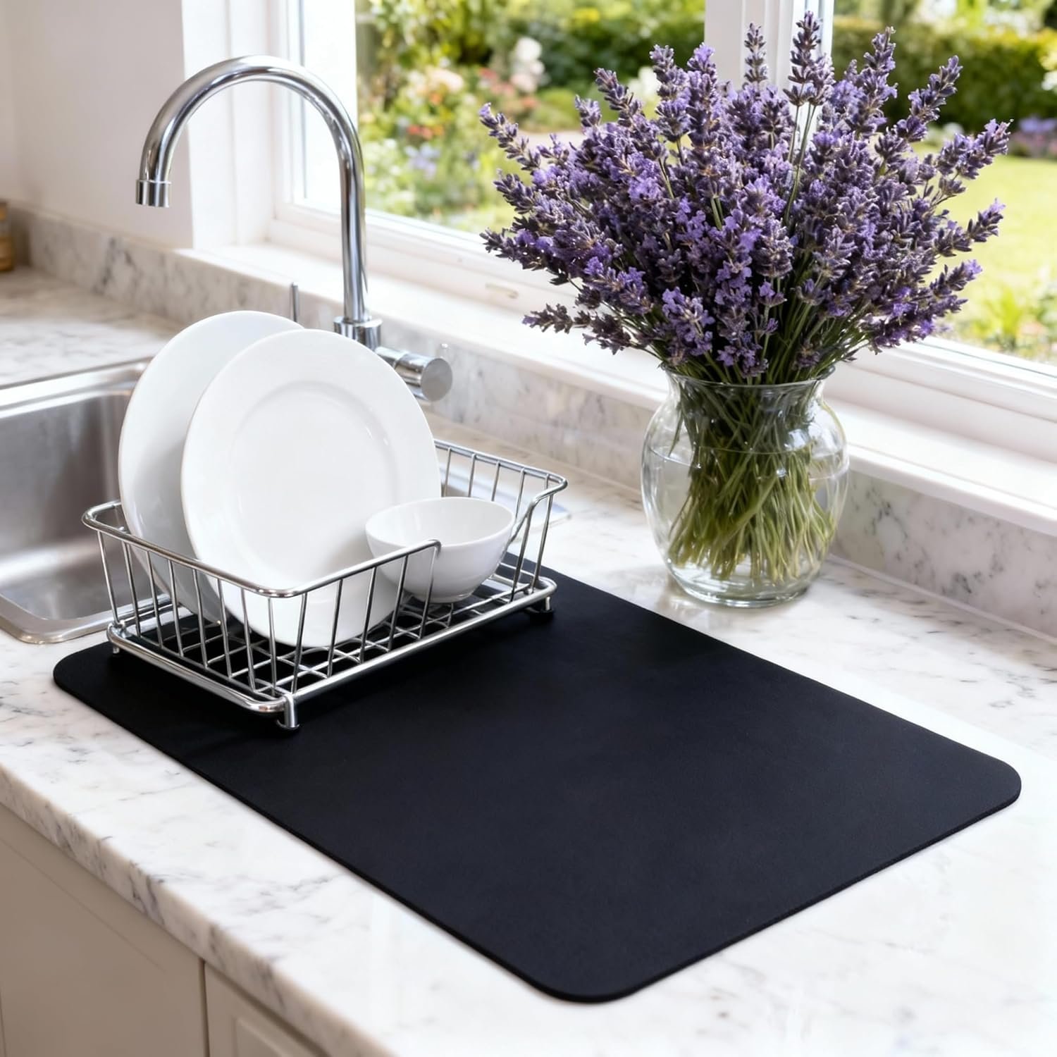 Dish Drying Mat Super Absorbent – 12" x 18" Coffee Mat for Countertops – Non-Slip Drying Mat for Kitchen Counter – Easy to Clean Water Absorbent Mat – Quick Dry Dish Drying Mats (Black)