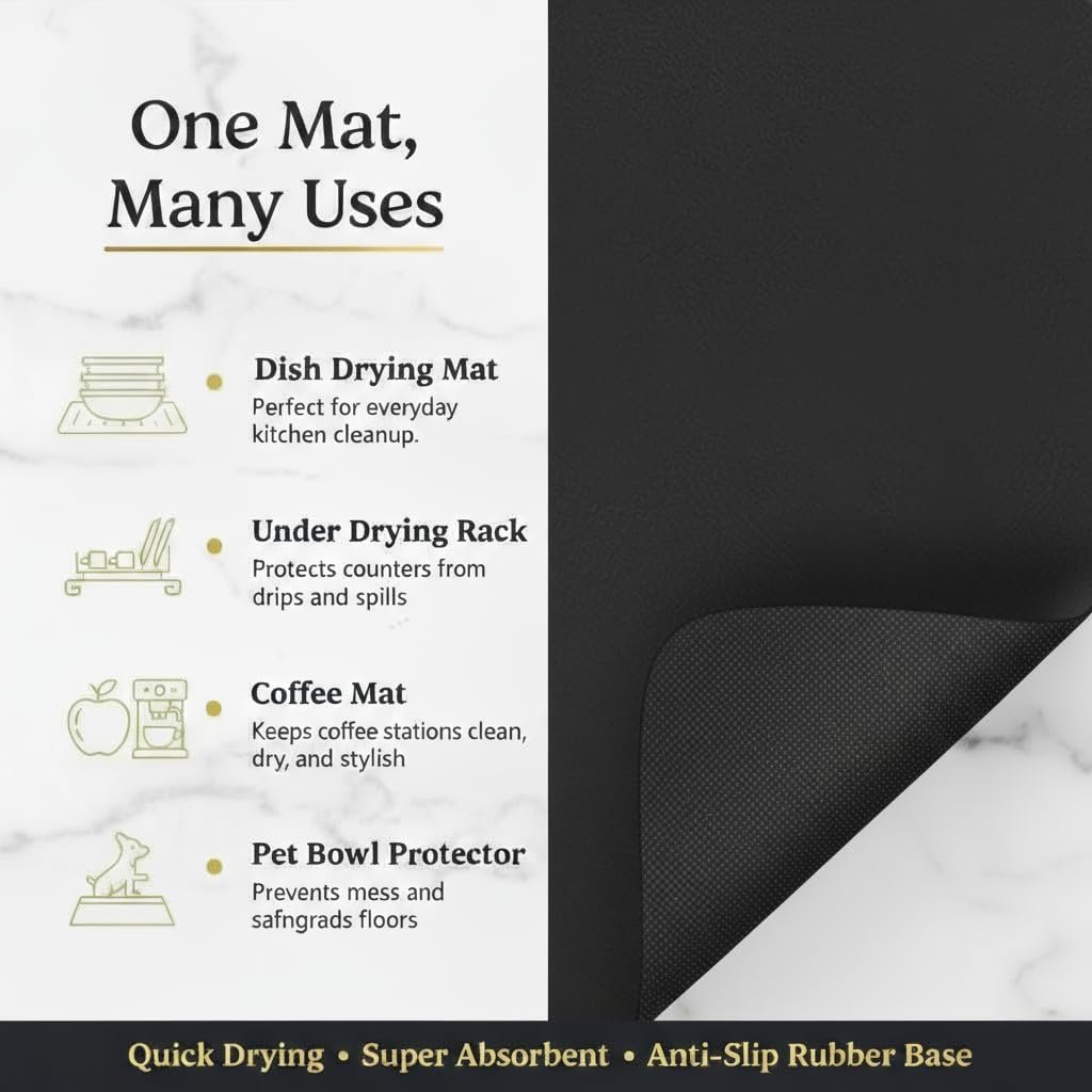 Dish Drying Mat Super Absorbent – 12" x 18" Coffee Mat for Countertops – Non-Slip Drying Mat for Kitchen Counter – Easy to Clean Water Absorbent Mat – Quick Dry Dish Drying Mats (Black) - V1258-DP02-WO-22 Dish Drying Mat Super Absorbent – 12" x 18" Coffee Mat for Countertops – Non-Slip Drying Mat for Kitchen Counter – Easy to Clean Water Absorbent Mat – Quick Dry Dish Drying Mats (Black) - Image 3
