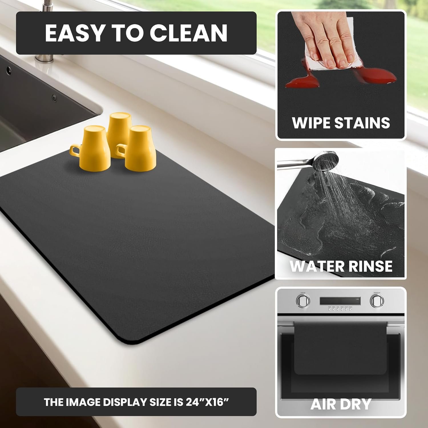 Dish Drying Mat Super Absorbent – 12" x 18" Coffee Mat for Countertops – Non-Slip Drying Mat for Kitchen Counter – Easy to Clean Water Absorbent Mat – Quick Dry Dish Drying Mats (Black) - V1258-DP02-WO-22 Dish Drying Mat Super Absorbent – 12" x 18" Coffee Mat for Countertops – Non-Slip Drying Mat for Kitchen Counter – Easy to Clean Water Absorbent Mat – Quick Dry Dish Drying Mats (Black) - Image 6