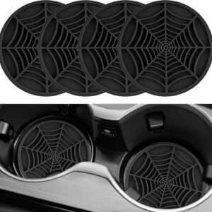 4PCS Spider Web Car Coasters for Cup Holders, Halloween Funny Non-Slip Silicone Insert Ornaments Coasters, Automotive Cupholder Goth Accessories for Men & Women(Black)