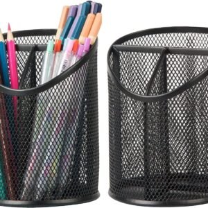 2 Pack Pen Holder Mesh Round Pencil Holder Desktop Organizer 3 Compartments, Black