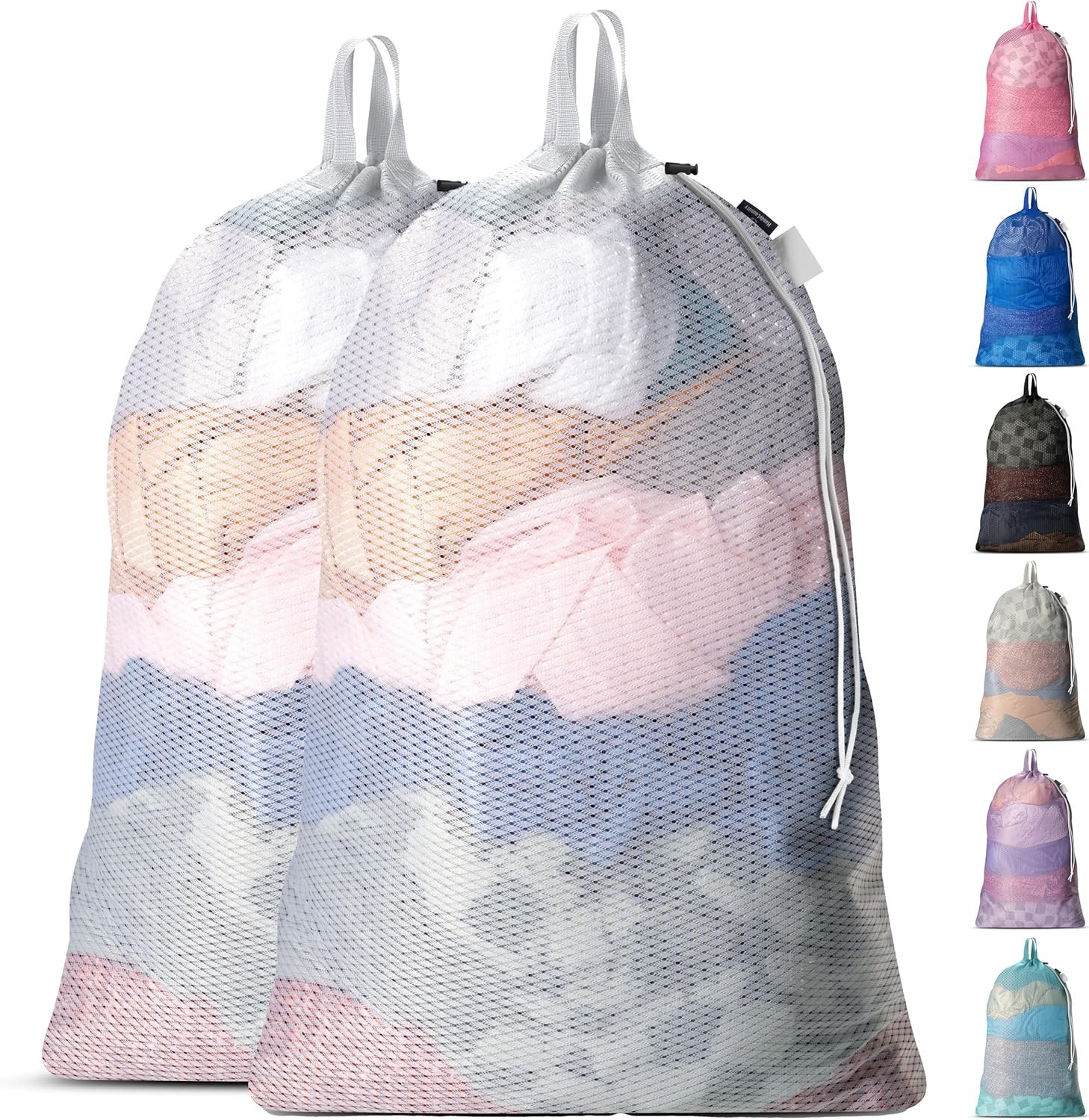 Large Mesh Laundry Bags - 2-Pack Heavy Duty with Handles & Drawstring - Machine Washable Net Laundry Sacks for College Dorm, Camp, Travel, Bedding & Clothes Storage (White) - V1258-DP02-WO-741 Large Mesh Laundry Bags - 2-Pack Heavy Duty with Handles & Drawstring - Machine Washable Net Laundry Sacks for College Dorm, Camp, Travel, Bedding & Clothes Storage (White)