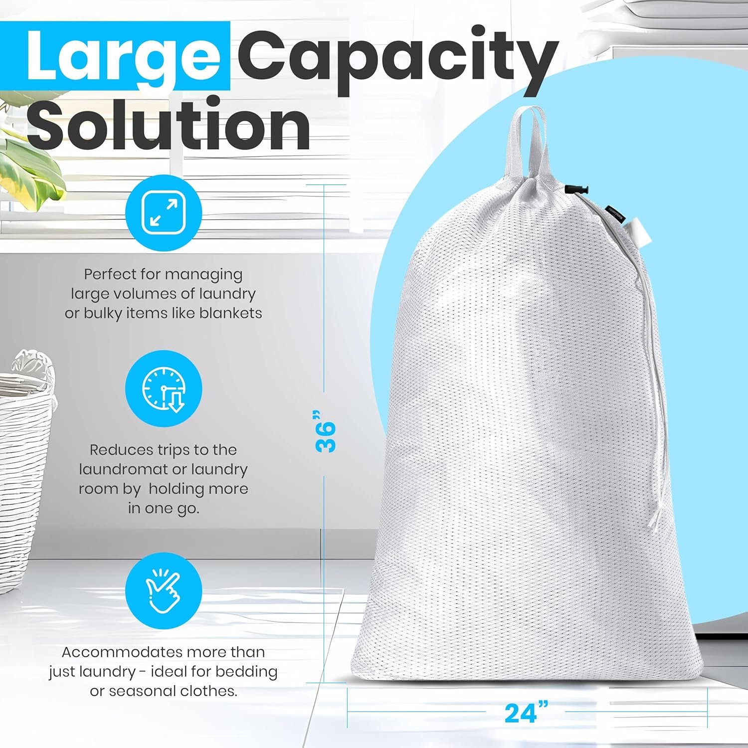 Large Mesh Laundry Bags - 2-Pack Heavy Duty with Handles & Drawstring - Machine Washable Net Laundry Sacks for College Dorm, Camp, Travel, Bedding & Clothes Storage (White) - V1258-DP02-WO-741 Large Mesh Laundry Bags - 2-Pack Heavy Duty with Handles & Drawstring - Machine Washable Net Laundry Sacks for College Dorm, Camp, Travel, Bedding & Clothes Storage (White) - Image 2