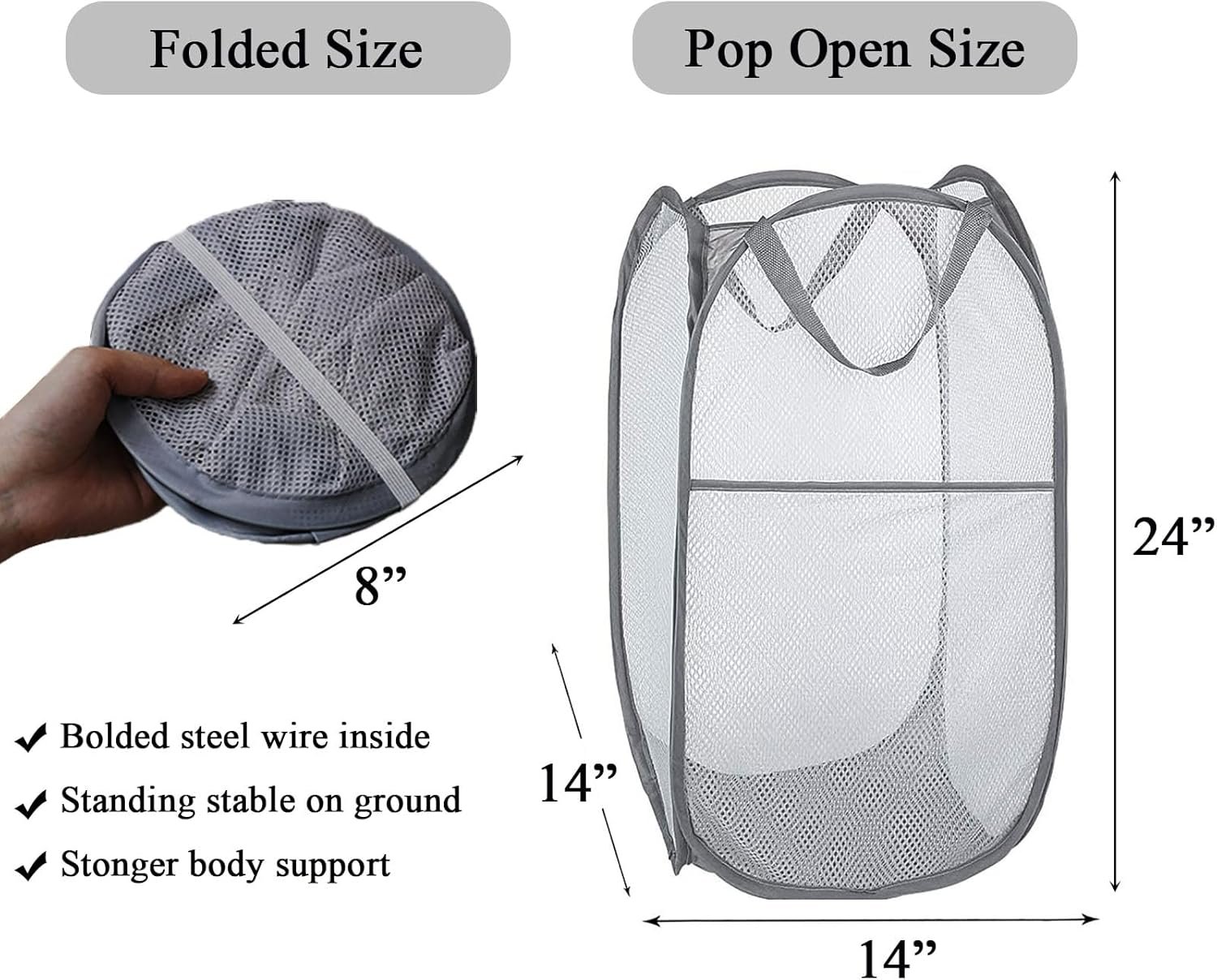 2 Pcs Popup Mesh Laundry Baskets, Collapsible and Portable Clothes Washing Laundry Hampers with Reinforced Carry Handles, Gray Clothes Hamper for Home, Travel, College Dorm - V1258-DP02-WO-796 2 Pcs Popup Mesh Laundry Baskets, Collapsible and Portable Clothes Washing Laundry Hampers with Reinforced Carry Handles, Gray Clothes Hamper for Home, Travel, College Dorm - Image 2