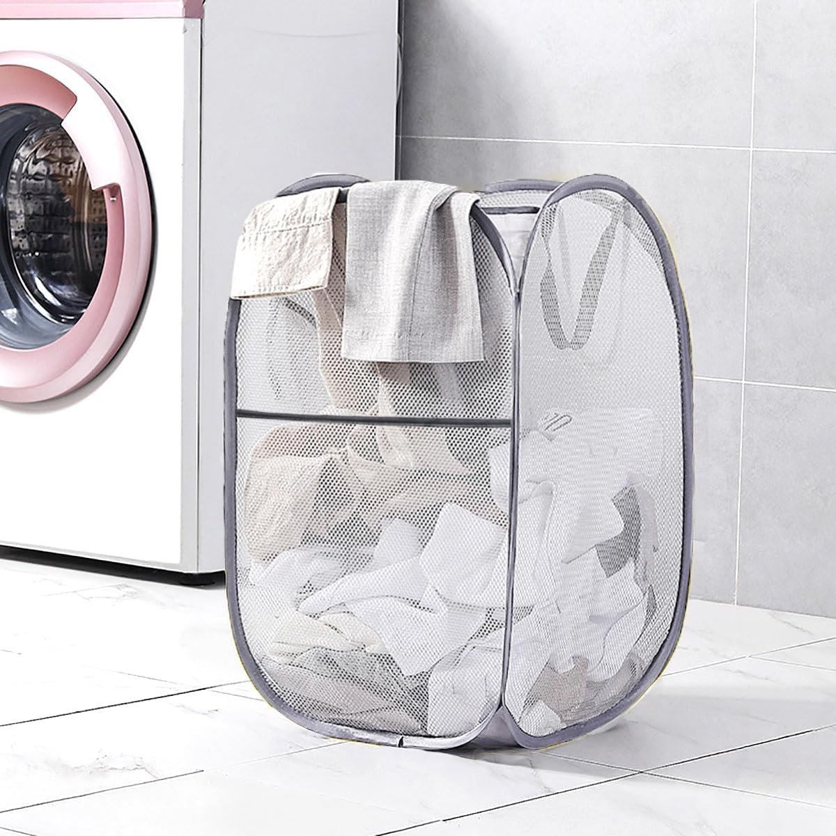 2 Pcs Popup Mesh Laundry Baskets, Collapsible and Portable Clothes Washing Laundry Hampers with Reinforced Carry Handles, Gray Clothes Hamper for Home, Travel, College Dorm - V1258-DP02-WO-796 2 Pcs Popup Mesh Laundry Baskets, Collapsible and Portable Clothes Washing Laundry Hampers with Reinforced Carry Handles, Gray Clothes Hamper for Home, Travel, College Dorm - Image 5