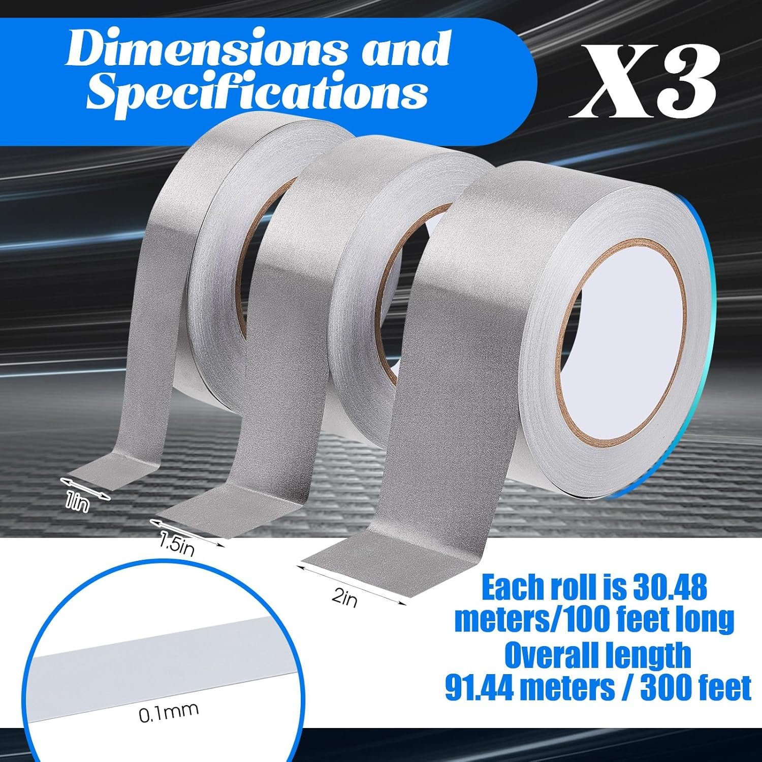 3 Roll Double Conductive Fabric Tape Cloth Adhesive Roll(1in x 100ft, 1.5in 2in 100ft) 1in 100ft - V1259-DP01-A-1218 3 Roll Double Conductive Fabric Tape Cloth Adhesive Roll(1in x 100ft, 1.5in 2in 100ft) 1in 100ft - Image 2