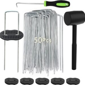 102Pcs 6 Inches Landscape Staples with Gasket Kit. 50Pcs U-Shaped Garden Stakes and Plastic Fixing Gasket, with Pick Hook and Black Hammer. Pins for Tent Turf Weed Barrier Fabric Hose Fence