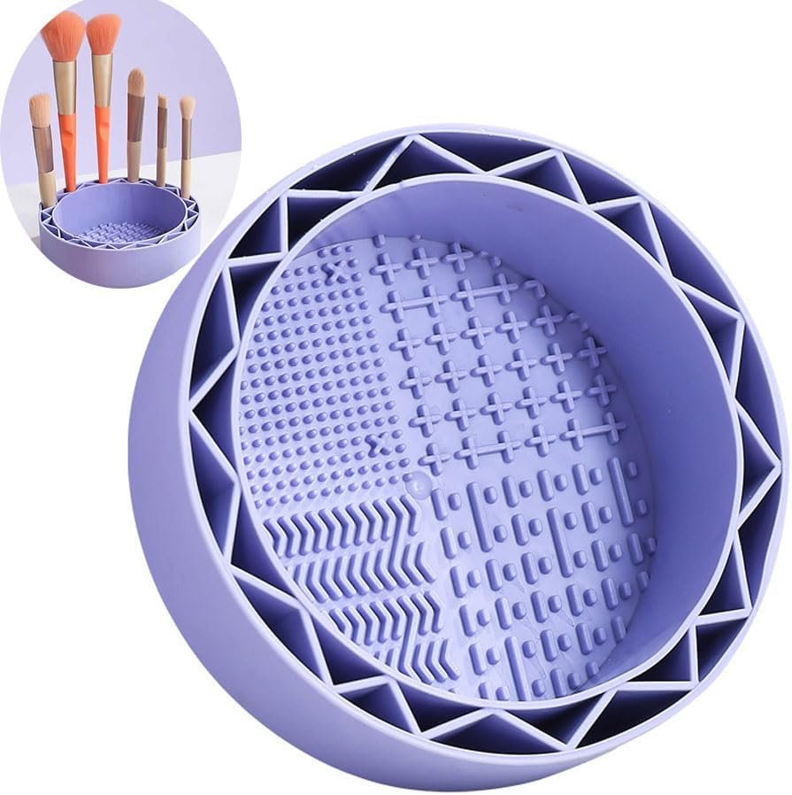 Makeup Brush Cleaner, Sillicon Brushes Cleaning Mat Brush Holder Bowl Prtable Cleaning Tool (Purple)