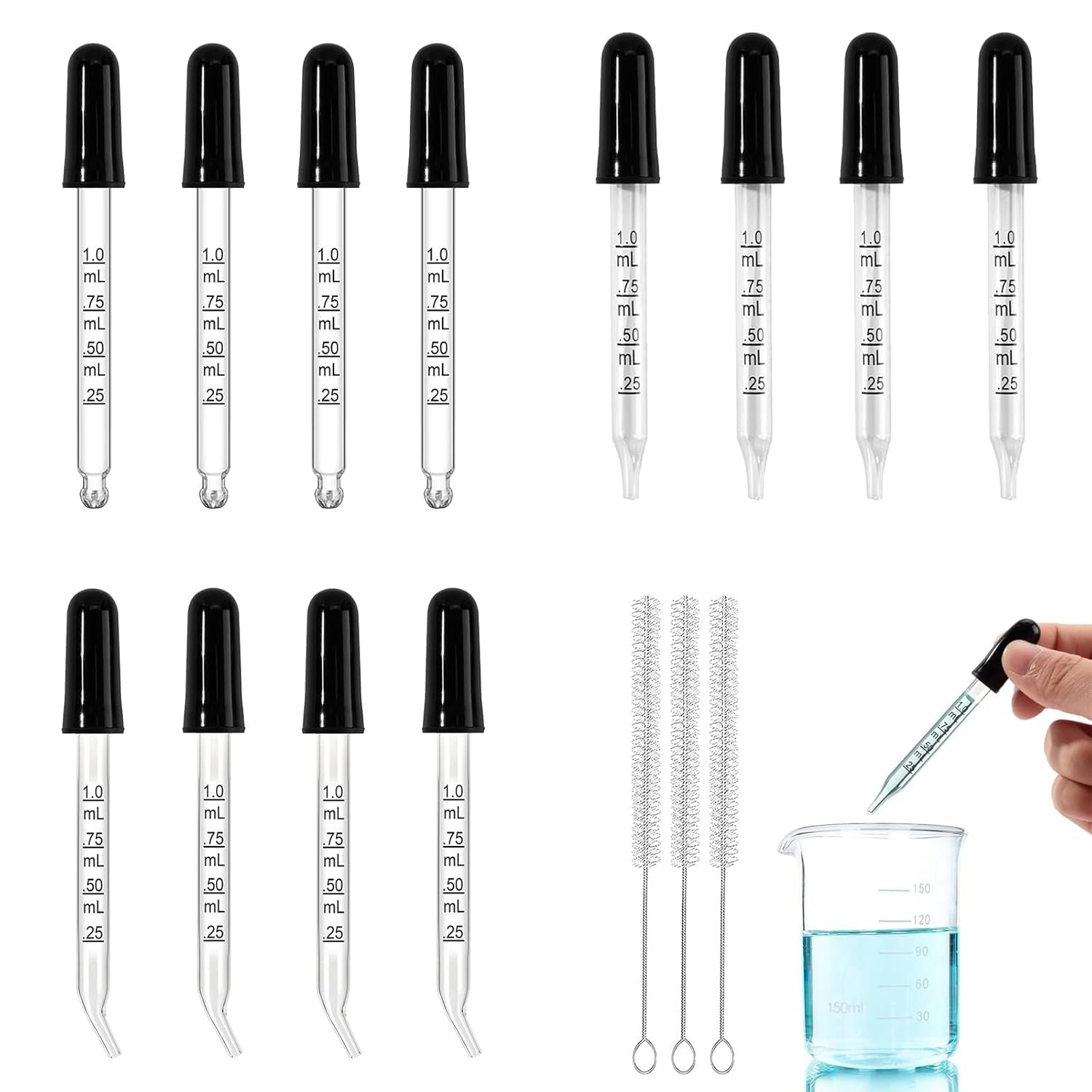 Eye Dropper Glass Pipette 12 Pcs 1ml, Calibrated Capacity Droppers with Measurements 4 Bent, 4 Ball & 4 Straight Tip with 3 Cleaning Brush for Laboratory, Liquid, Essential Oils