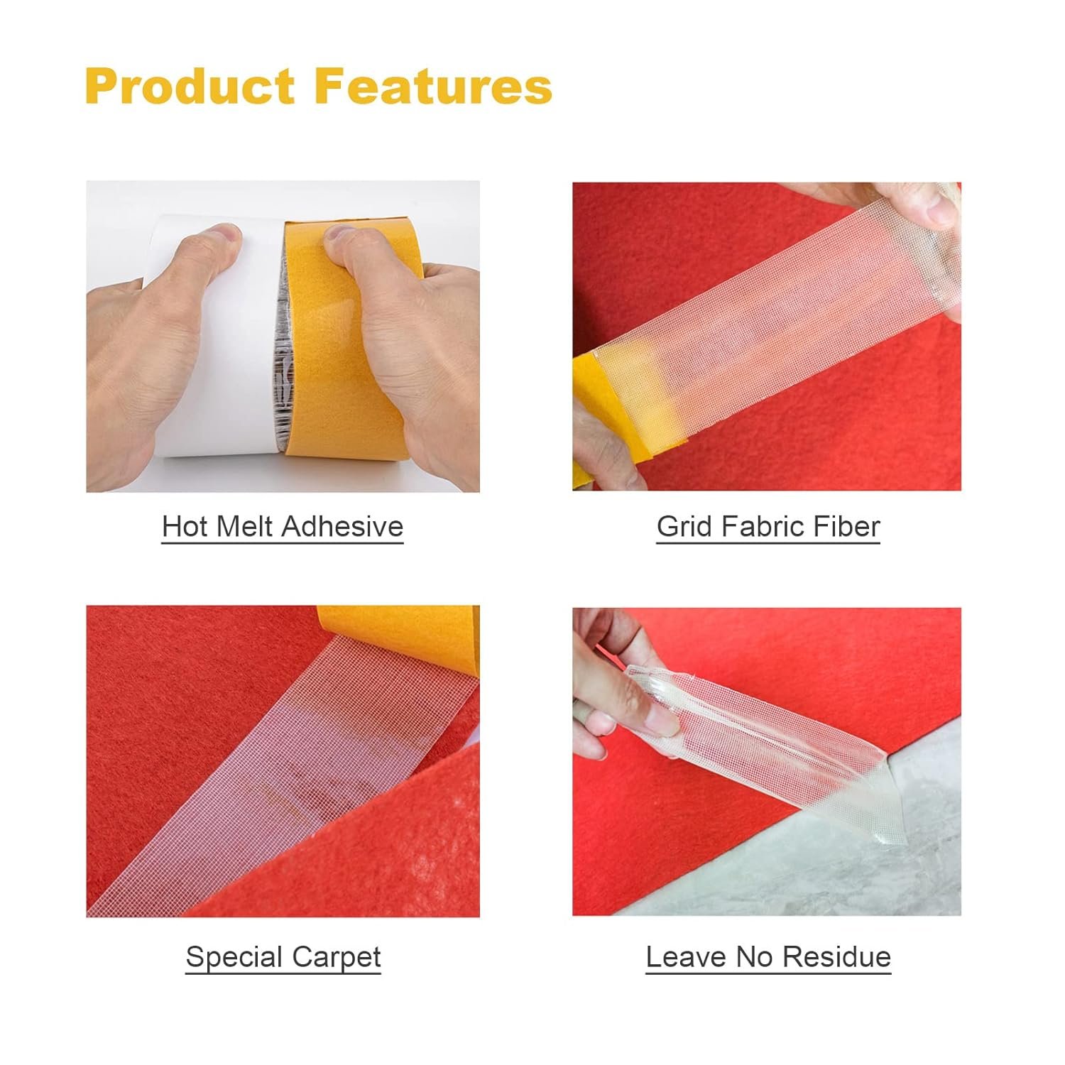 Double Sided Tape Heavy Duty, 2 in X 66 FT (20m) Double Sided Adhesive Tape Super Sticky Carpet Tape Fabric Strong Wall Mounting Tape (Yellow) - V1259-DP01-A-2558 Double Sided Tape Heavy Duty, 2 in X 66 FT (20m) Double Sided Adhesive Tape Super Sticky Carpet Tape Fabric Strong Wall Mounting Tape (Yellow) - Image 4