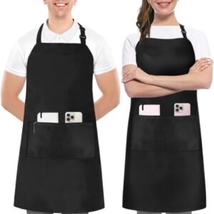 Adjustable Bib Apron (2-Pack) Water Oil Resistant Chef Cooking Kitchen Aprons with Pockets for Men Women