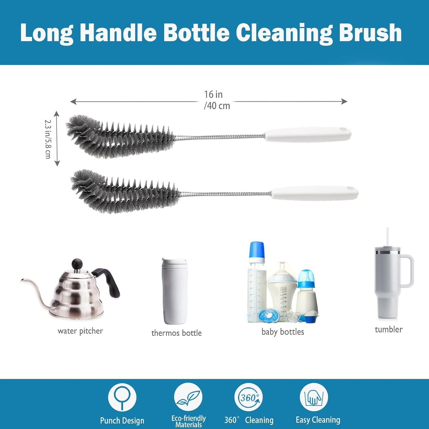 15.7" (40cm) Flexible Long Black Bottle Cleaning Brush for Kitchen and Dining - Perfect for Baby Bottles, Sports Bottles, Glassware, Mugs, Jars, and Stemware (2-pc) - V1259-DP01-A-3326 15.7" (40cm) Flexible Long Black Bottle Cleaning Brush for Kitchen and Dining - Perfect for Baby Bottles, Sports Bottles, Glassware, Mugs, Jars, and Stemware (2-pc) - Image 2