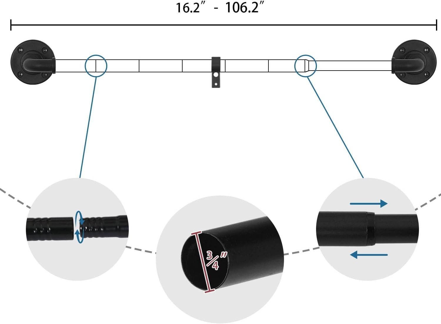 Wrap Around Curtain Rods for Windows 16.2 to 106.2 Inch, 3/4 Inch Diameter Industrial Telescoping Rod, Splicing Adjustable Indoor/Outdoor, Black 16.2"-106.2" - V1259-DP01-A-4467 Wrap Around Curtain Rods for Windows 16.2 to 106.2 Inch, 3/4 Inch Diameter Industrial Telescoping Rod, Splicing Adjustable Indoor/Outdoor, Black 16.2"-106.2" - Image 3