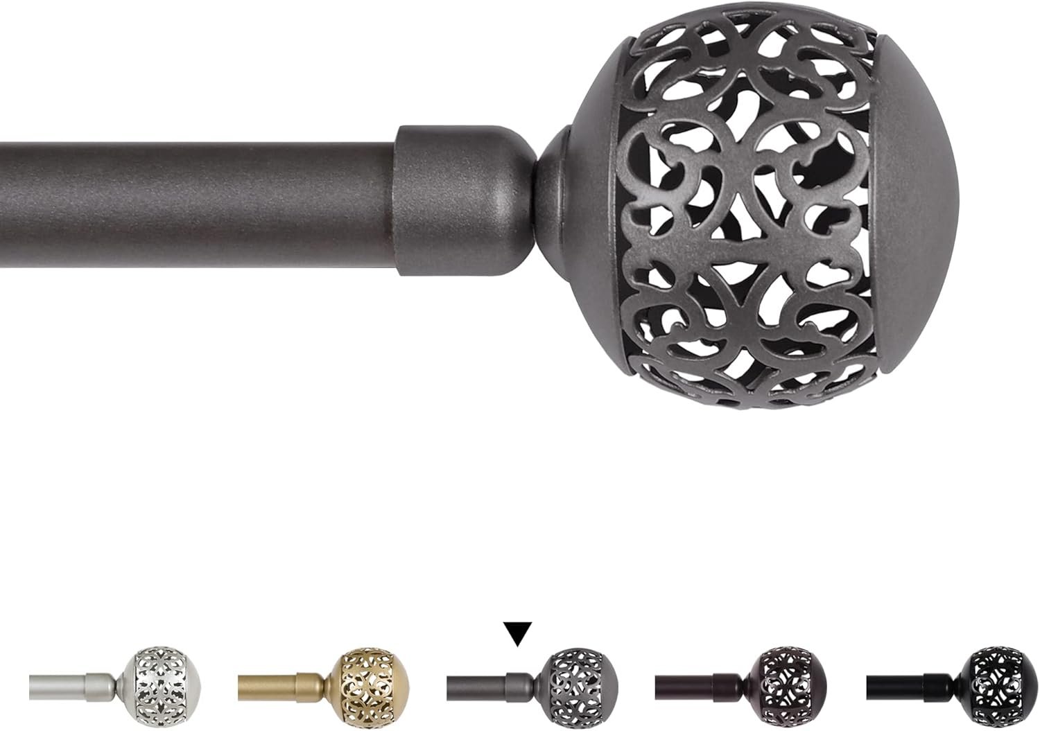 Window Treatment Single Curtain Rod Set Telescoping with Carved Hollow Ball Finials, Adjustable Length from 28 to 48-Inch, 3/4 Inch Diameter, Pewter 28"-48" - V1259-DP01-A-4469 Window Treatment Single Curtain Rod Set Telescoping with Carved Hollow Ball Finials, Adjustable Length from 28 to 48-Inch, 3/4 Inch Diameter, Pewter 28"-48"
