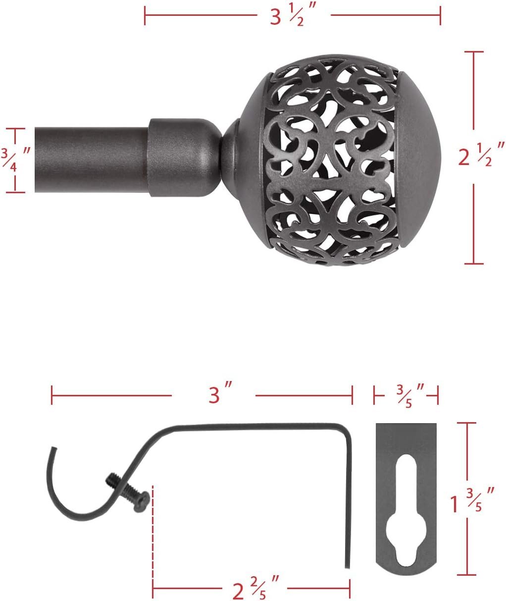 Window Treatment Single Curtain Rod Set Telescoping with Carved Hollow Ball Finials, Adjustable Length from 28 to 48-Inch, 3/4 Inch Diameter, Pewter 28"-48" - V1259-DP01-A-4469 Window Treatment Single Curtain Rod Set Telescoping with Carved Hollow Ball Finials, Adjustable Length from 28 to 48-Inch, 3/4 Inch Diameter, Pewter 28"-48" - Image 6