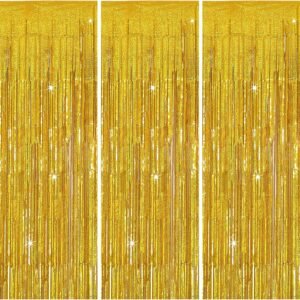 3 Pack Gold Backdrop Birthday Decorations Foil Curtain Streamers Dance Party Photo Booth Props for Bachelorette Christmas Halloween New Years Eve Supplies -