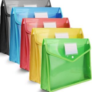 A4 plastic wallet - set of 5 popper wallets plastic folders premium pocket map envelopes for school office home with press stud closure - large capacity