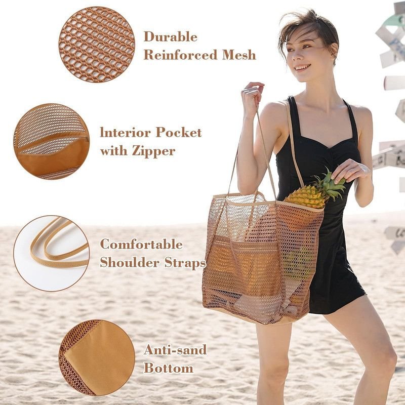 Mesh Large Beach Tote Bag, Foldable, Breathable, Single-Shoulder Shopping Bag for Travel, 2-Pack - Black - V1265-AU-291-HEI-2 Mesh Large Beach Tote Bag, Foldable, Breathable, Single-Shoulder Shopping Bag for Travel, 2-Pack - Black - Image 2