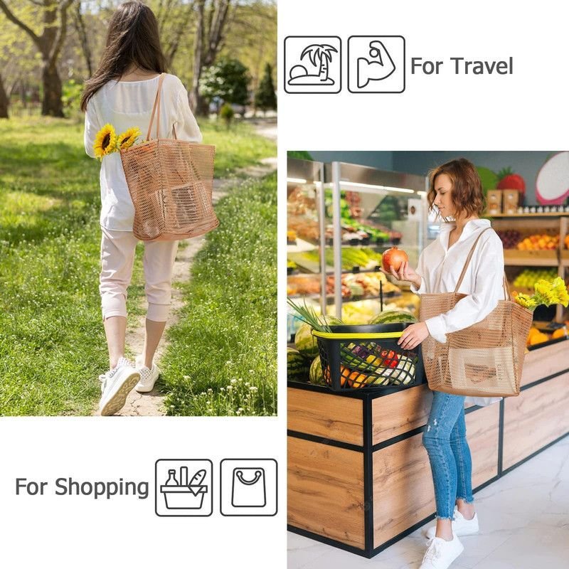 Mesh Large Beach Tote Bag, Foldable, Breathable, Single-Shoulder Shopping Bag for Travel, 2-Pack - Black - V1265-AU-291-HEI-2 Mesh Large Beach Tote Bag, Foldable, Breathable, Single-Shoulder Shopping Bag for Travel, 2-Pack - Black - Image 6