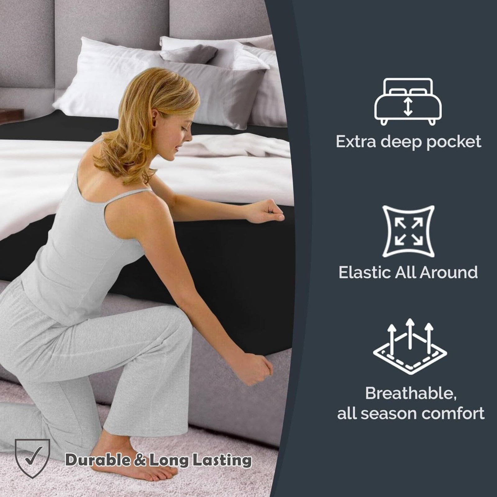 Hotel Quality Fitted Sheet - 1 Piece Fitted Sheet -Breathable Bedding - Wrinkle, Fade, Stain Resistant- 16inch/40cm Deep Pocket Fitted Bed Sheet-Wrinkle and Fade Resistant,(Black,Double) - V1317-HB-QS9-AUD-CL-HEI Hotel Quality Fitted Sheet - 1 Piece Fitted Sheet -Breathable Bedding - Wrinkle, Fade, Stain Resistant- 16inch/40cm Deep Pocket Fitted Bed Sheet-Wrinkle and Fade Resistant,(Black,Double) - Image 4