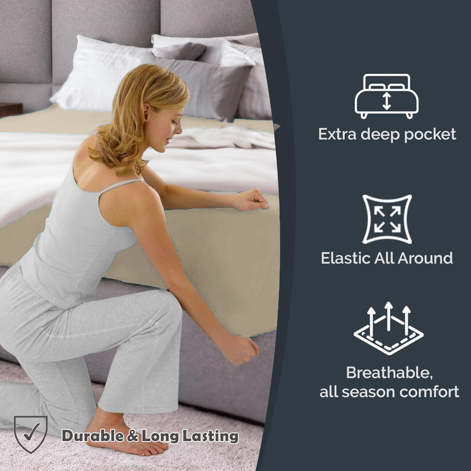 Hotel Quality Fitted Sheet - 1 Piece Fitted Sheet -Breathable Bedding - Wrinkle, Fade, Stain Resistant- 16inch/40cm Deep Pocket Fitted Bed Sheet-Wrinkle and Fade Resistant,(Cream White,Double) - V1317-HB-QS9-AUD-CL-NYB Hotel Quality Fitted Sheet - 1 Piece Fitted Sheet -Breathable Bedding - Wrinkle, Fade, Stain Resistant- 16inch/40cm Deep Pocket Fitted Bed Sheet-Wrinkle and Fade Resistant,(Cream White,Double) - Image 3