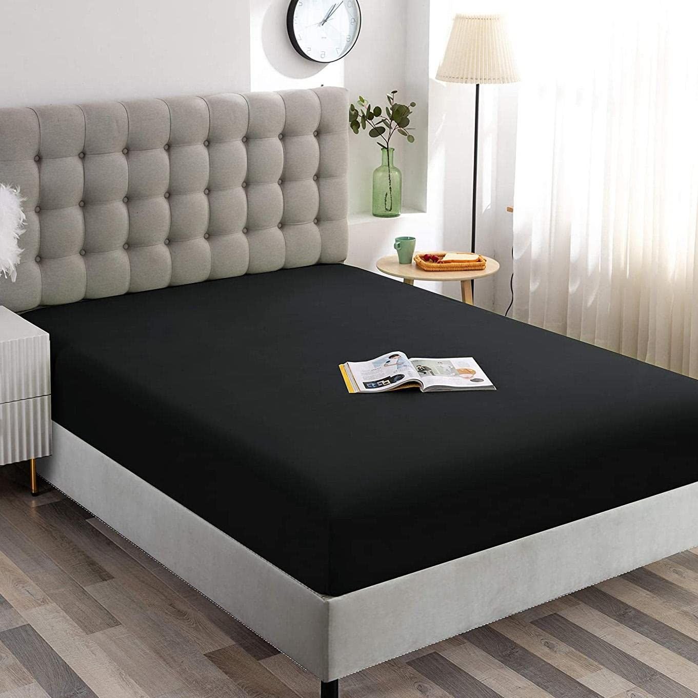 Hotel Quality Fitted Sheet - 1 Piece Fitted Sheet -Breathable Bedding - Wrinkle, Fade, Stain Resistant- 16inch/40cm Deep Pocket Fitted Bed Sheet-Wrinkle and Fade Resistant,(Black,King)