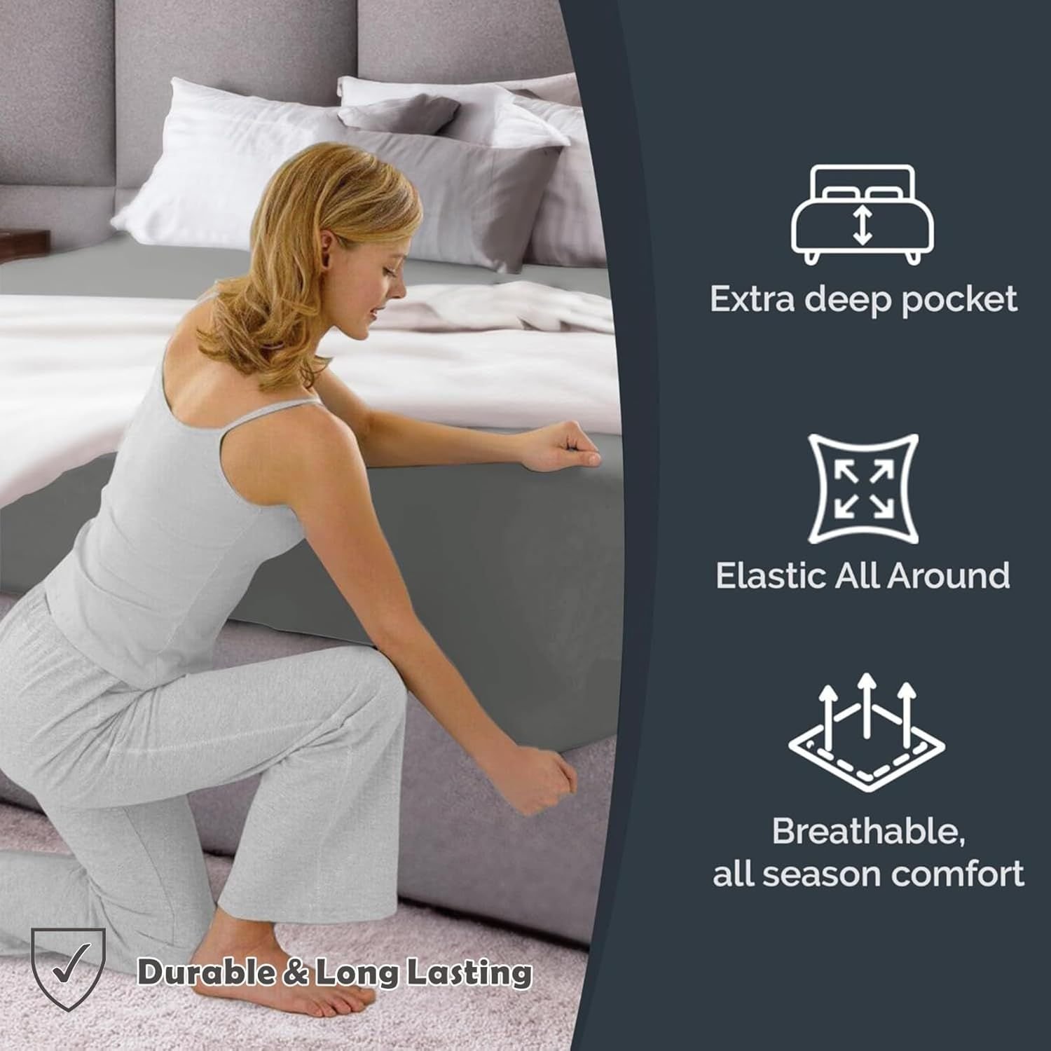 Hotel Quality Fitted Sheet - 1 Piece Fitted Sheet -Breathable Bedding - Wrinkle, Fade, Stain Resistant- 16inch/40cm Deep Pocket Fitted Bed Sheet-Wrinkle and Fade Resistant,(Grey,King) - V1317-HB-QS9-AUK-CL-HUI Hotel Quality Fitted Sheet - 1 Piece Fitted Sheet -Breathable Bedding - Wrinkle, Fade, Stain Resistant- 16inch/40cm Deep Pocket Fitted Bed Sheet-Wrinkle and Fade Resistant,(Grey,King) - Image 2