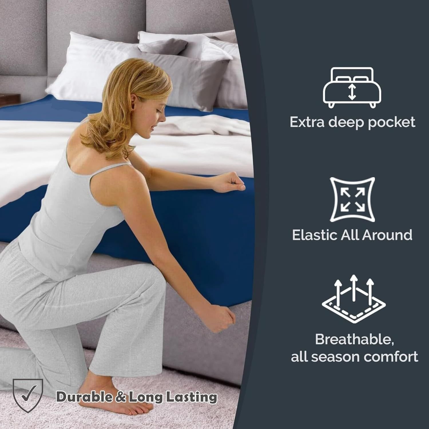Hotel Quality Fitted Sheet - 1 Piece Fitted Sheet -Breathable Bedding - Wrinkle, Fade, Stain Resistant- 16inch/40cm Deep Pocket Fitted Bed Sheet-Wrinkle and Fade Resistant,(Navy,King Single) - V1317-HB-QS9-AUKS-CL-NV Hotel Quality Fitted Sheet - 1 Piece Fitted Sheet -Breathable Bedding - Wrinkle, Fade, Stain Resistant- 16inch/40cm Deep Pocket Fitted Bed Sheet-Wrinkle and Fade Resistant,(Navy,King Single) - Image 4