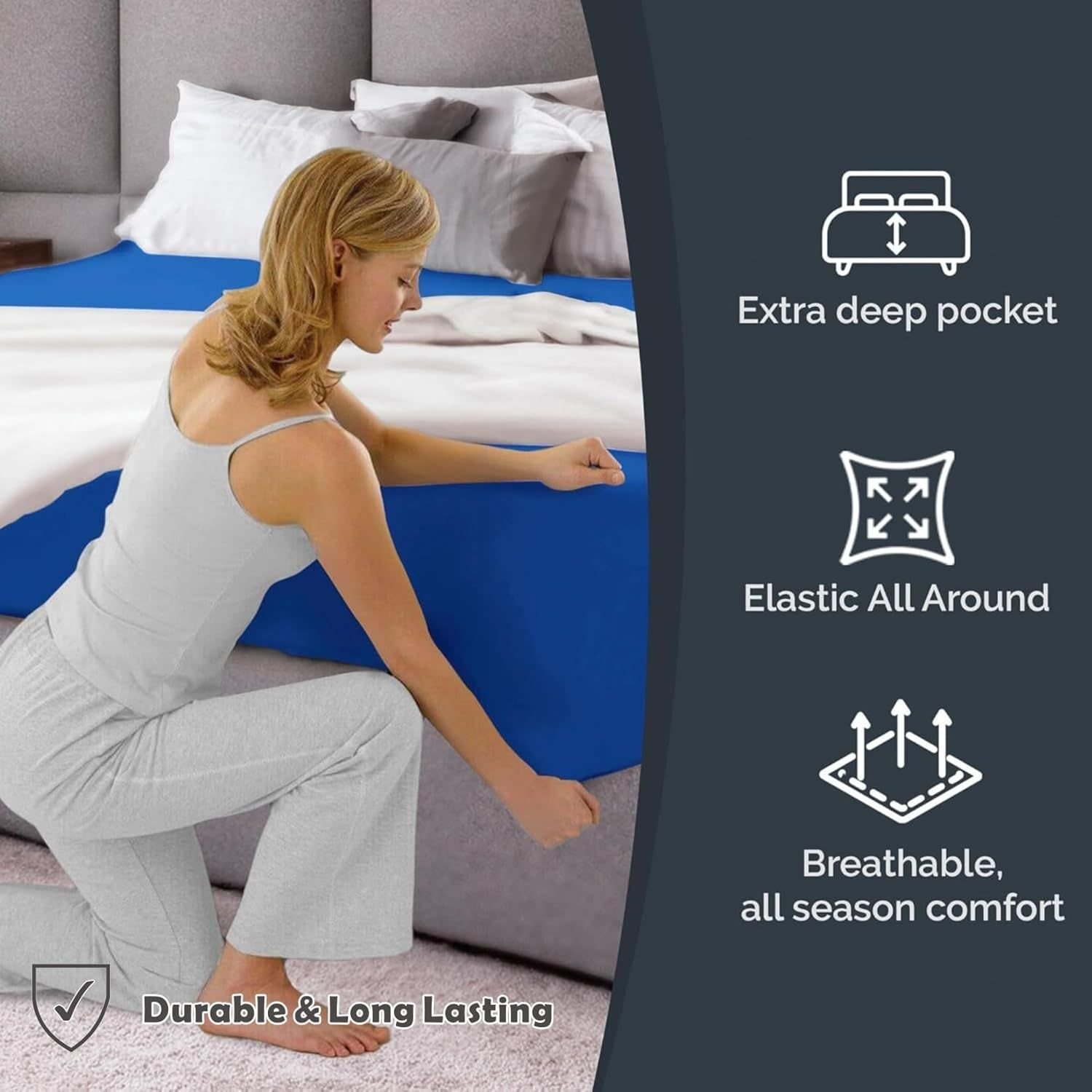 Hotel Quality Fitted Sheet - 1 Piece Fitted Sheet -Breathable Bedding - Wrinkle, Fade, Stain Resistant- 16inch/40cm Deep Pocket Fitted Bed Sheet-Wrinkle and Fade Resistant,(Royal blue,Queen) - V1317-HB-QS9-AUQ-CL-HJL Hotel Quality Fitted Sheet - 1 Piece Fitted Sheet -Breathable Bedding - Wrinkle, Fade, Stain Resistant- 16inch/40cm Deep Pocket Fitted Bed Sheet-Wrinkle and Fade Resistant,(Royal blue,Queen) - Image 2