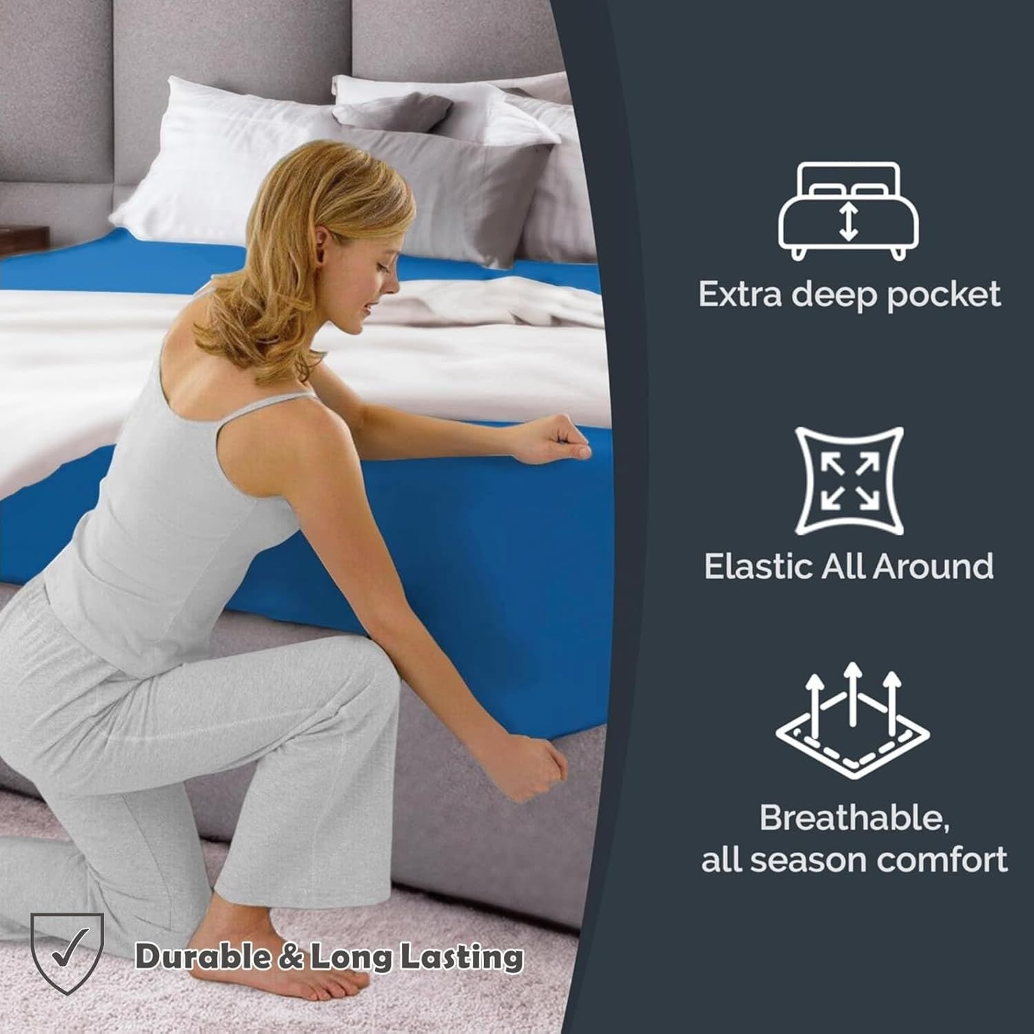 Hotel Quality Fitted Sheet - 1 Piece Fitted Sheet -Breathable Bedding - Wrinkle, Fade, Stain Resistant- 16inch/40cm Deep Pocket Fitted Bed Sheet-Wrinkle and Fade Resistant,(Ocean,Queen) - V1317-HB-QS9-AUQ-CL-HL Hotel Quality Fitted Sheet - 1 Piece Fitted Sheet -Breathable Bedding - Wrinkle, Fade, Stain Resistant- 16inch/40cm Deep Pocket Fitted Bed Sheet-Wrinkle and Fade Resistant,(Ocean,Queen) - Image 4