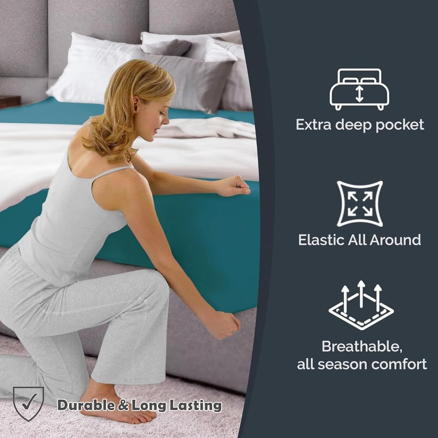 Hotel Quality Fitted Sheet - 1 Piece Fitted Sheet -Breathable Bedding - Wrinkle, Fade, Stain Resistant- 16inch/40cm Deep Pocket Fitted Bed Sheet-Wrinkle and Fade Resistant,(Biscay blue,Queen) - V1317-HB-QS9-AUQ-CL-SSL Hotel Quality Fitted Sheet - 1 Piece Fitted Sheet -Breathable Bedding - Wrinkle, Fade, Stain Resistant- 16inch/40cm Deep Pocket Fitted Bed Sheet-Wrinkle and Fade Resistant,(Biscay blue,Queen) - Image 4