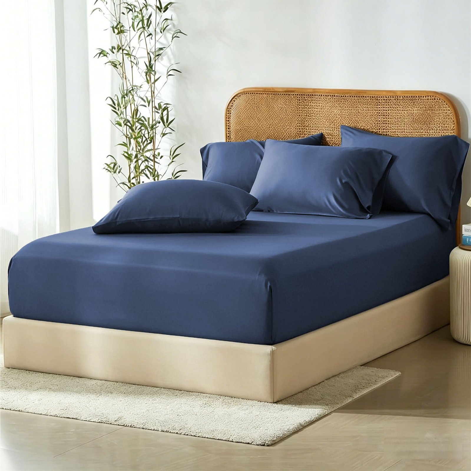 3 Piece Hotel Bamboo Cooling Fitted Sheet Set & Pillowcase -Ultra Soft 2000TC Breathable Fitted Bed Sheets Set with 37 Centimetre Deep Pocket-Cooling Sheets for Hot Sleepers(Navy,Double)