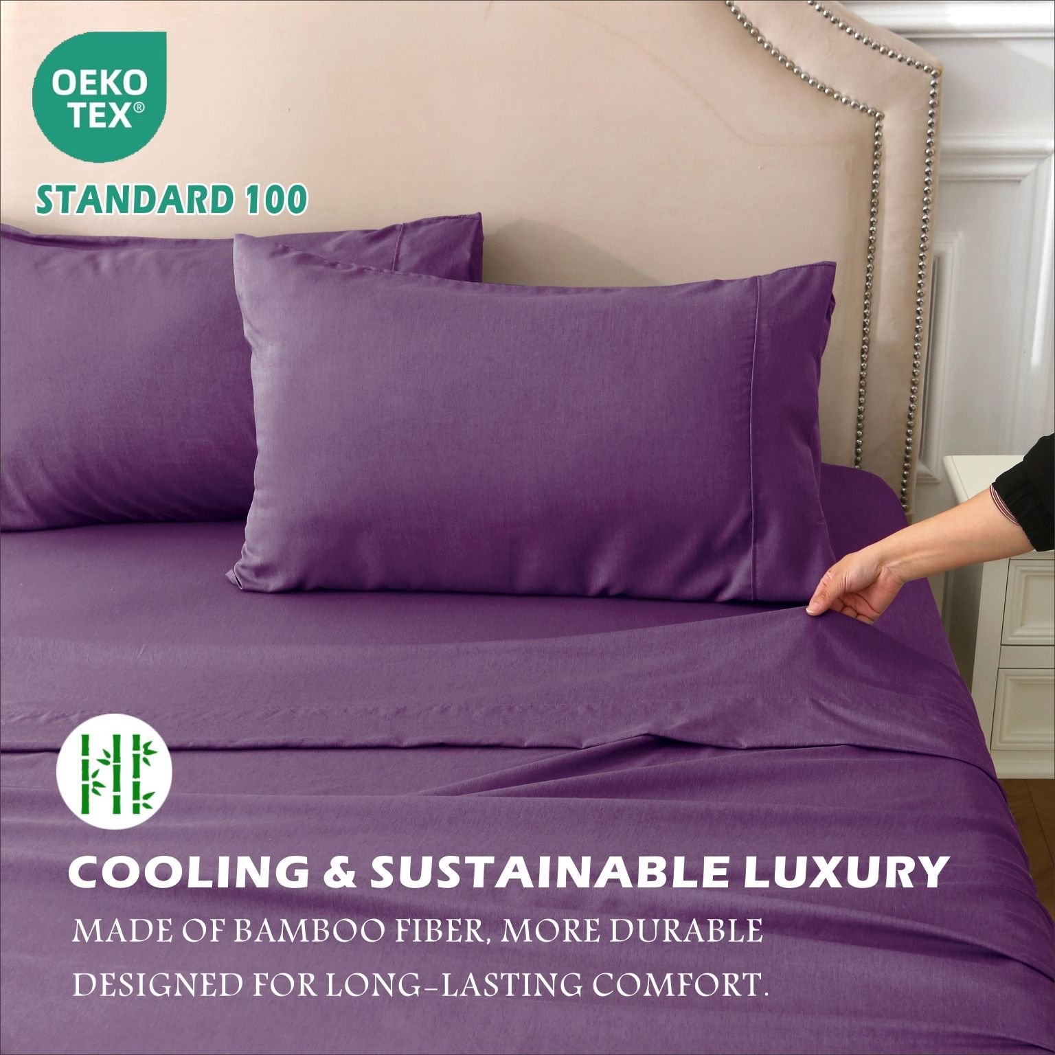 4 Piece Hotel Bamboo Cooling Sheet Set -Ultra Soft 2000TC Breathable Bed Sheets Set with 37 Centimetre Deep Pocket-Cooling Sheets for Hot Sleepers(Purple,Super King) - V1317-HB-ZXW9-AUSK-4JT-ZI 4 Piece Hotel Bamboo Cooling Sheet Set -Ultra Soft 2000TC Breathable Bed Sheets Set with 37 Centimetre Deep Pocket-Cooling Sheets for Hot Sleepers(Purple,Super King) - Image 6