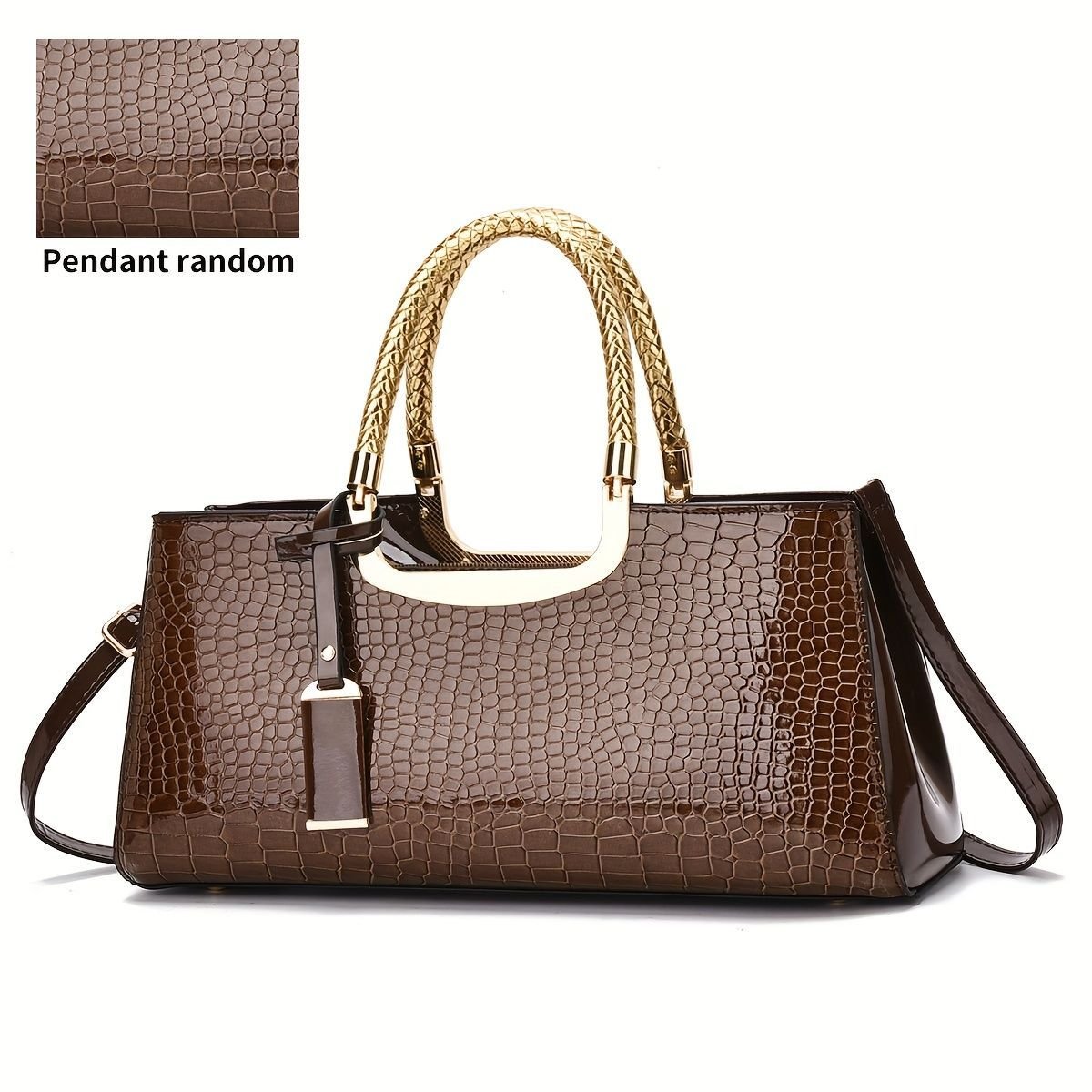 Black Tote Bag Patent Croc Embossed Gold Handles Stylish Accessory High Quality - Burgundy - Size L - V1347-127-48451-BRG-L Black Tote Bag Patent Croc Embossed Gold Handles Stylish Accessory High Quality - Burgundy - Size L - Image 6