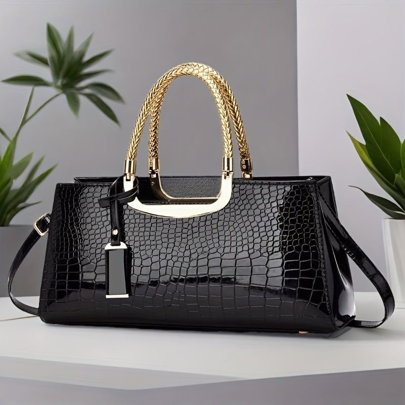 Black Tote Bag Patent Croc Embossed Gold Handles Stylish Accessory High Quality - Coffee color - Size L
