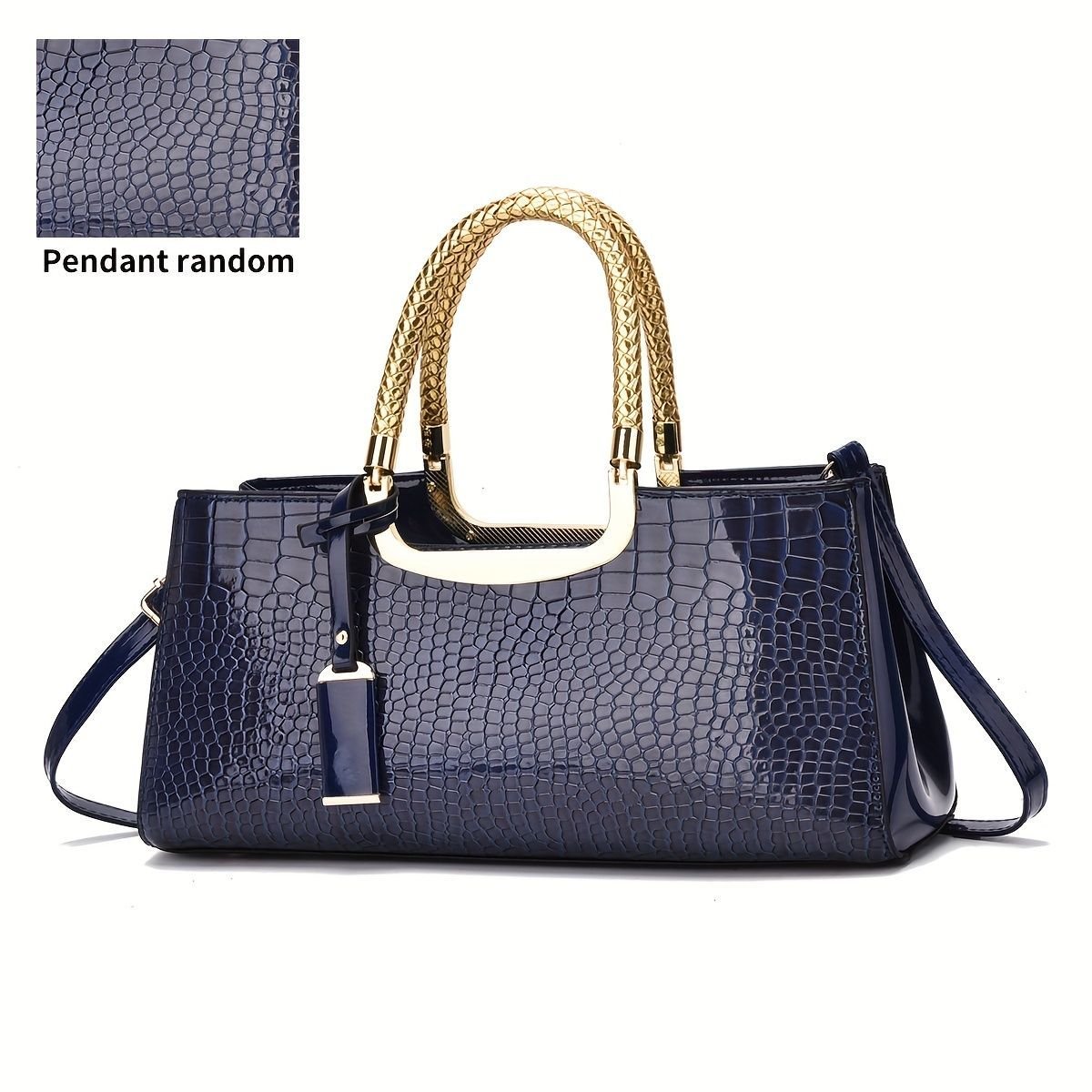 Black Tote Bag Patent Croc Embossed Gold Handles Stylish Accessory High Quality - Coffee color - Size L - V1347-127-48451-COF-L Black Tote Bag Patent Croc Embossed Gold Handles Stylish Accessory High Quality - Coffee color - Size L - Image 3